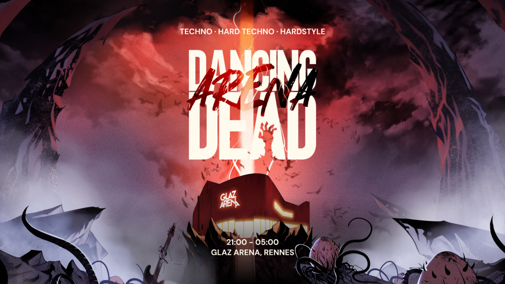 Visuel teasing de Dancing Dead Arena 2026, on y voit la salle de la Glaz d'où est projeté un rayon qui perce le ciel nuagueux.